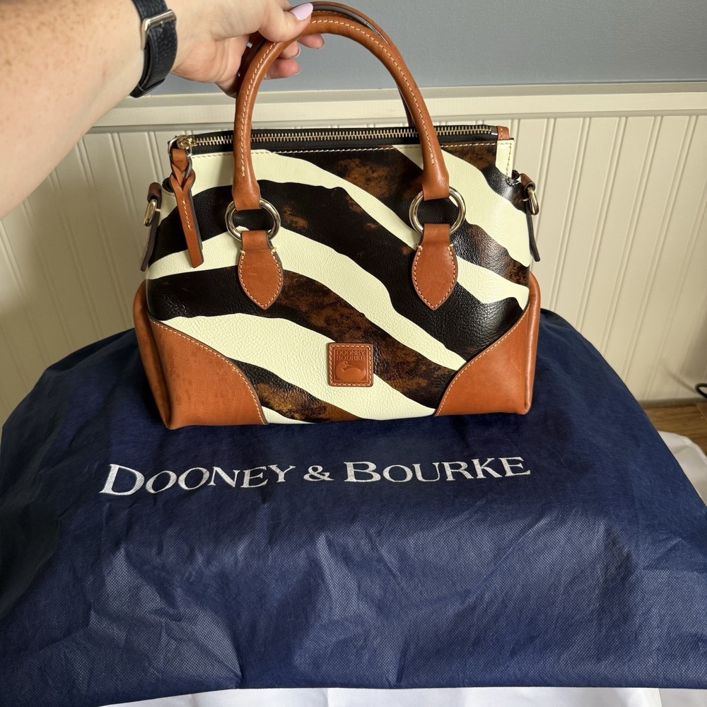 Dooney & Bourke Zebra Leather Satchel 30 Black White Brown Crossbody Bag Purse - Picture 1 of 16